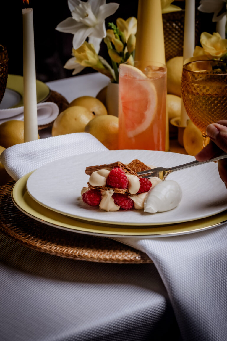 Dessert presented on a white plate from private catering company in London